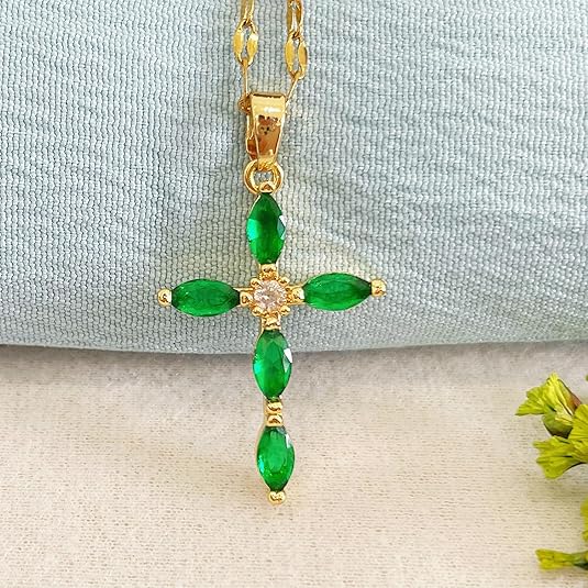 Emerald Cross Necklace | Guld