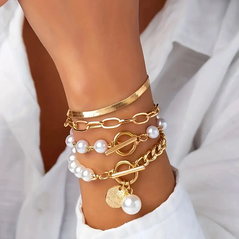 Chic Guld 4-delt Armbåndsæt - Slange, Perler & Links | Guld