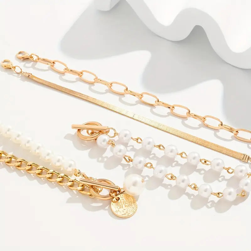 Chic Guld 4-delt Armbåndsæt - Slange, Perler & Links | Guld