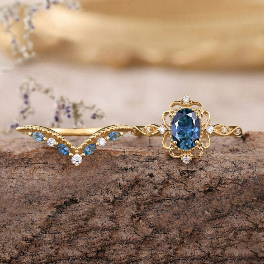 Azelia Sapphire Crown Ring Sæt | Guld
