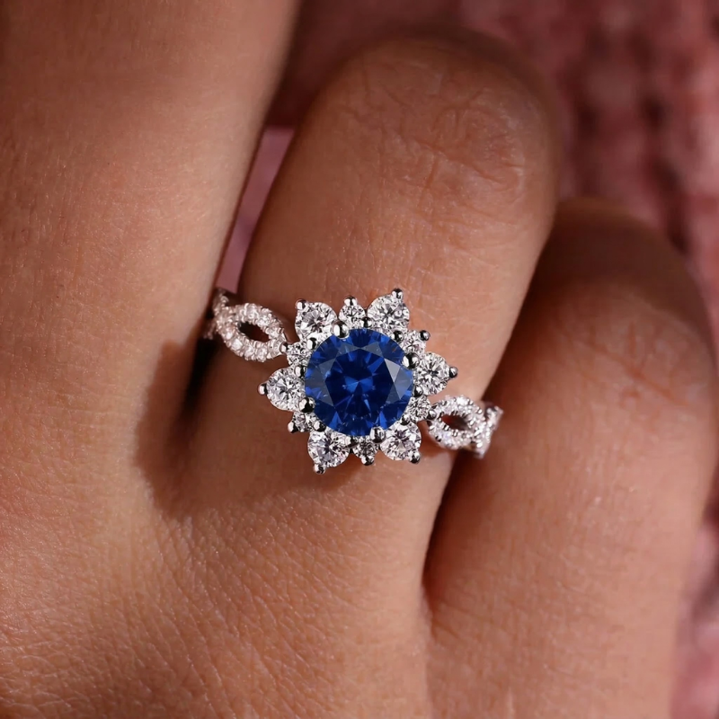 Krystal Safir Blomster Ring | Hvidguld