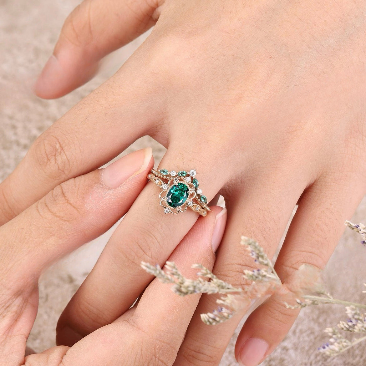 Aurelle Emerald Crown Ring Sæt | Roséguld