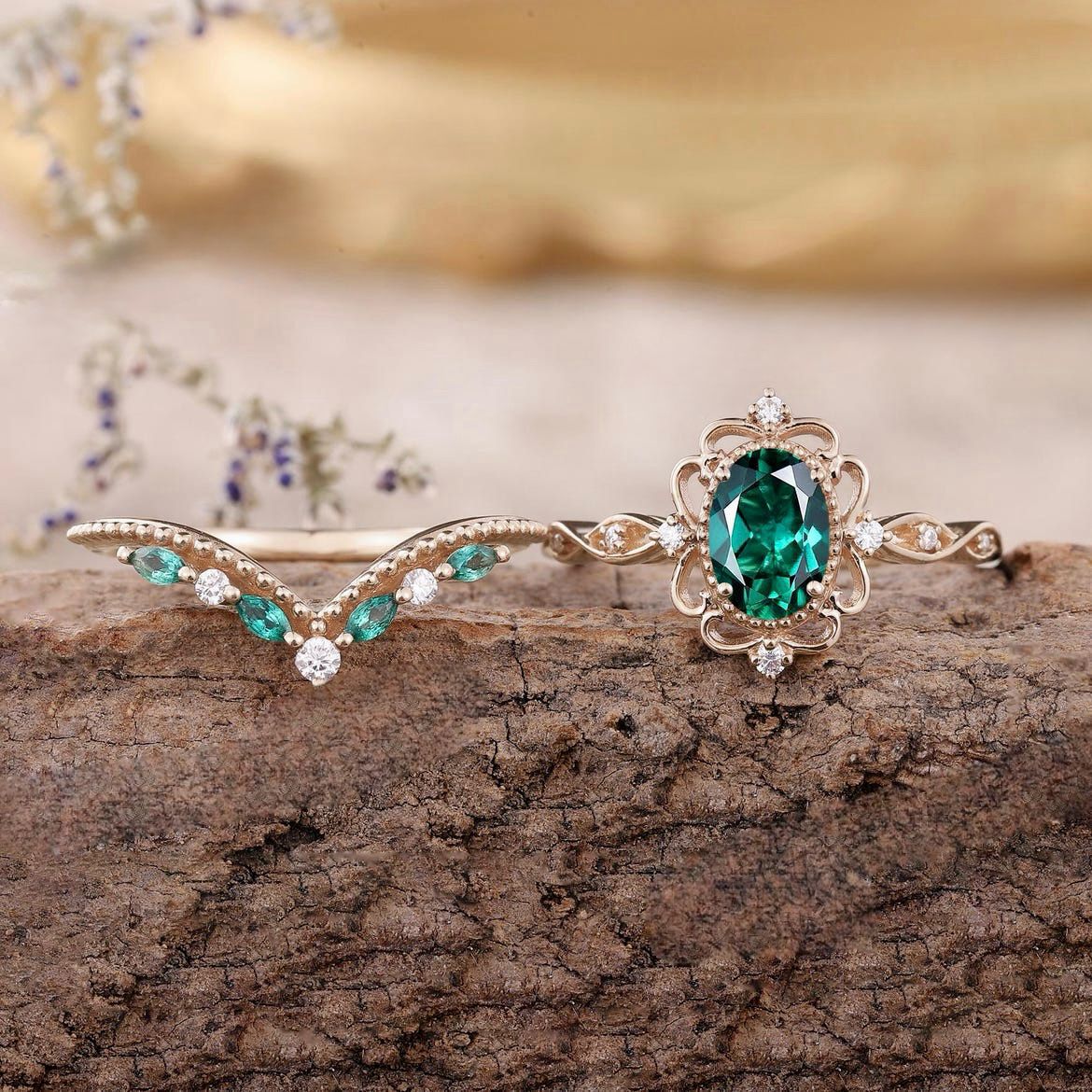 Aurelle Emerald Crown Ring Sæt | Roséguld