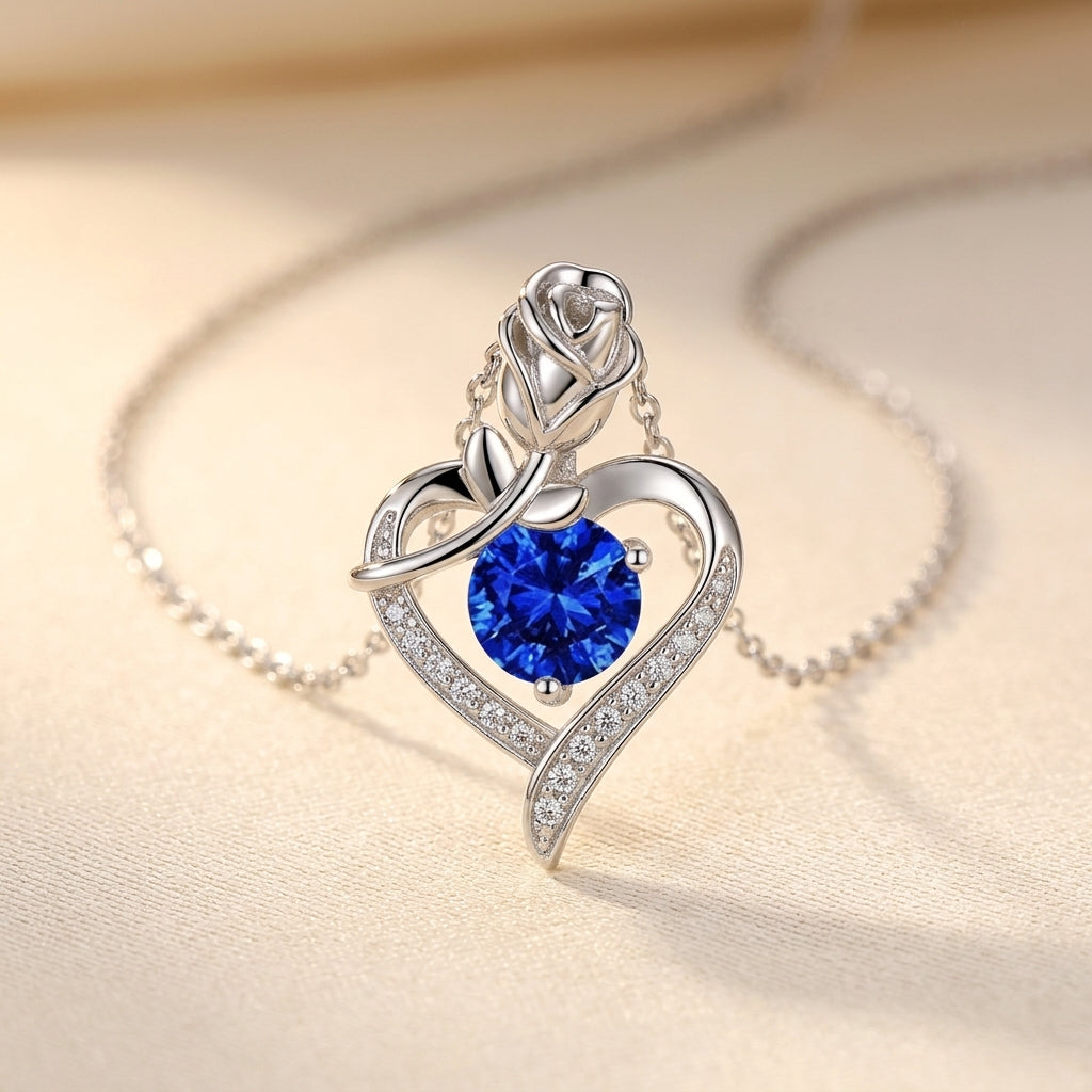 Sapphire Rose Hjerte Halskæde | Hvidguld