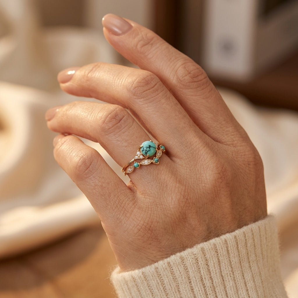 Aureva Turquoise Crown Ring Sæt | Guld
