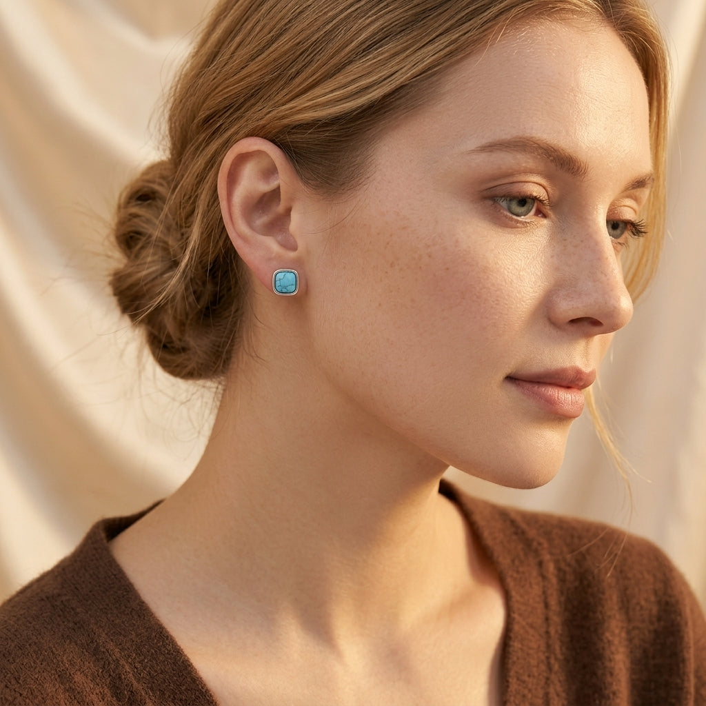 Turkis Fyrkantede Studs | Hvidguld