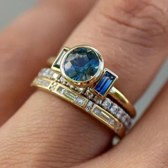 Antik Blå Elegant Ring Sæt | Guld