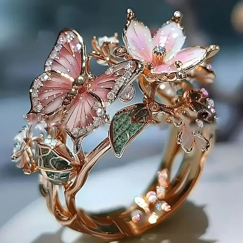 Natur Lysende Sommerfugl Zirconia Ring | Guld