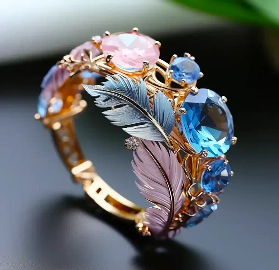 Antik Exotisk Fjer Krystal Ring | Guld