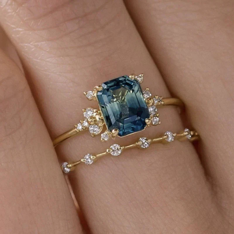 Krystal Blå Skinne Ring Sæt | Guld