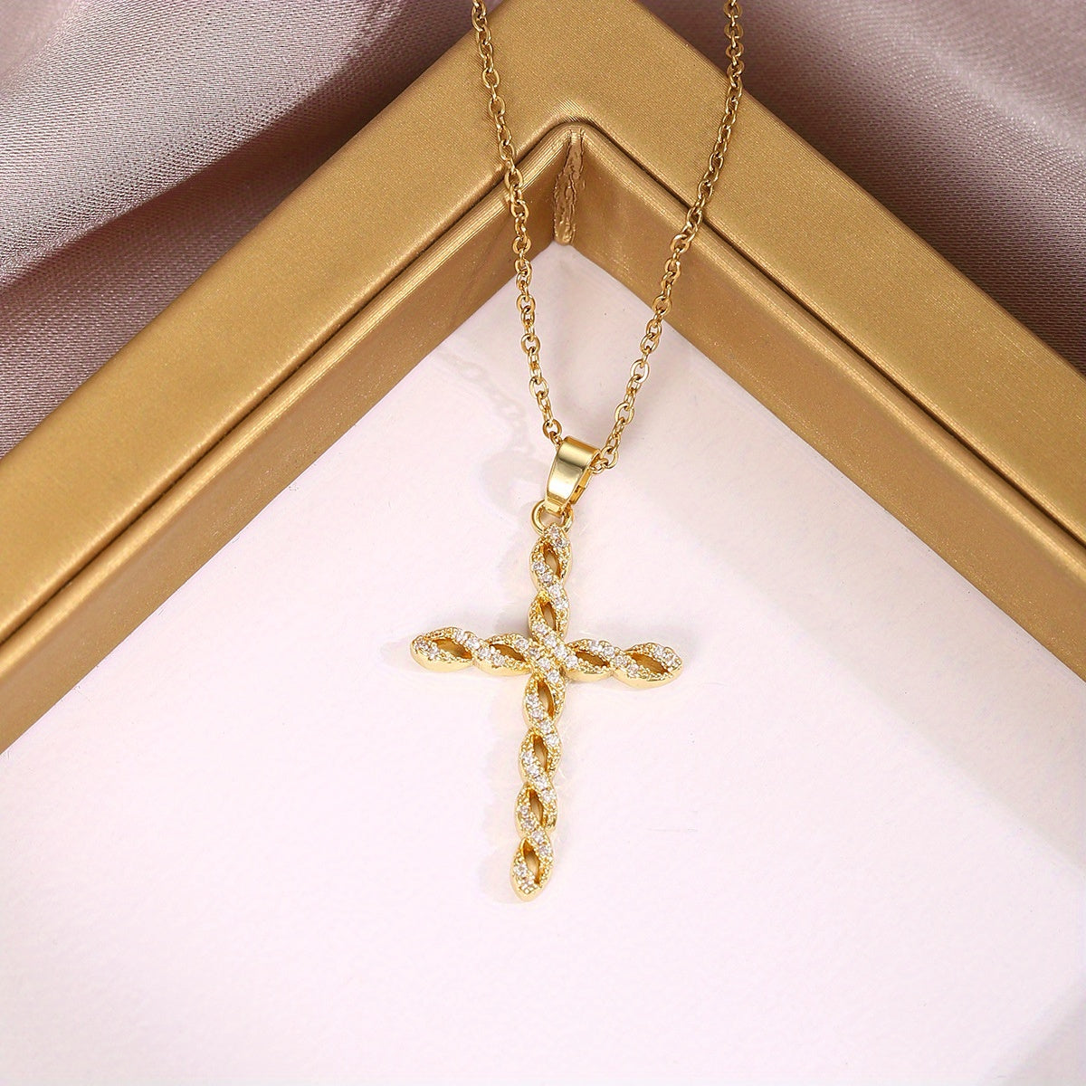 Krystal Twist Cross Halskæde | Guld