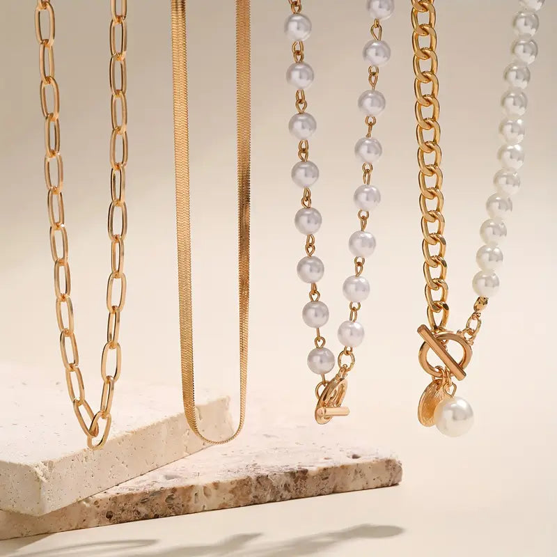 Vintage Perle & Guld Slange Kæde Halskæde Sæt | Guld