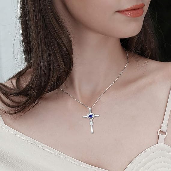 Sapphire Heart Stone Cross Necklace | Hvidguld