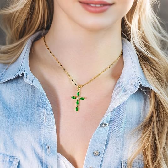 Emerald Cross Necklace | Guld