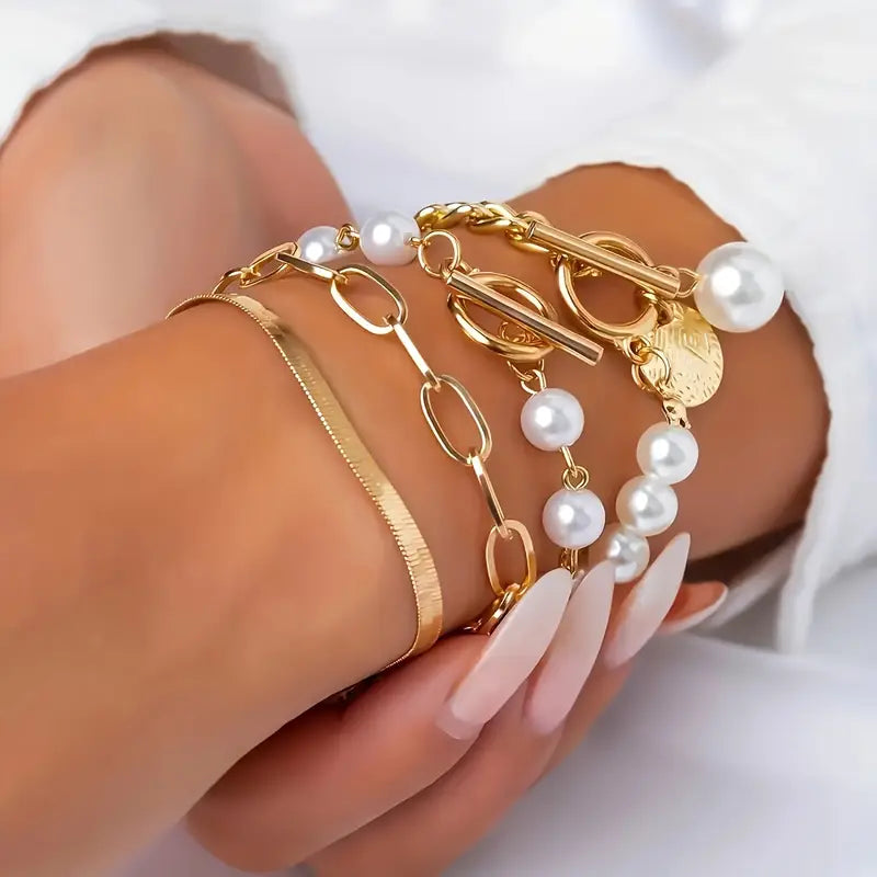 Chic Guld 4-delt Armbåndsæt - Slange, Perler & Links | Guld