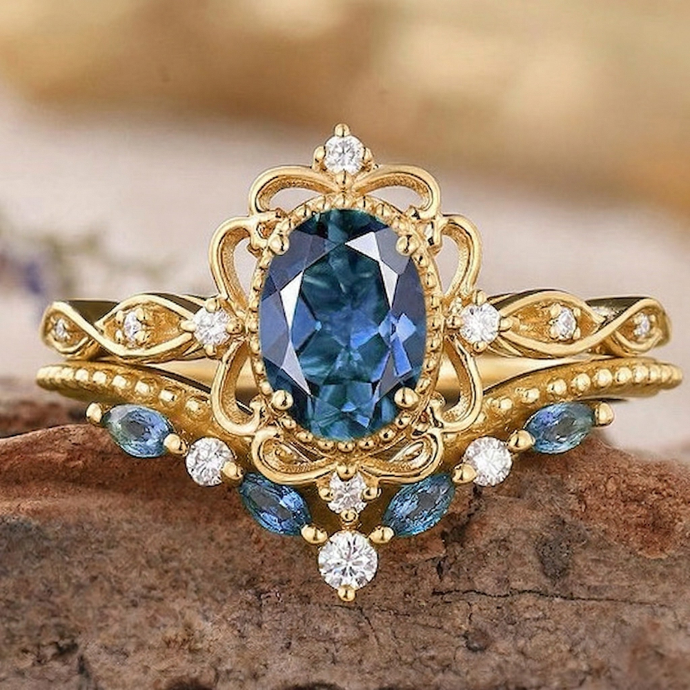 Azelia Sapphire Crown Ring Sæt | Guld