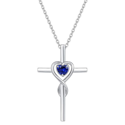 Sapphire Heart Stone Cross Necklace | Hvidguld