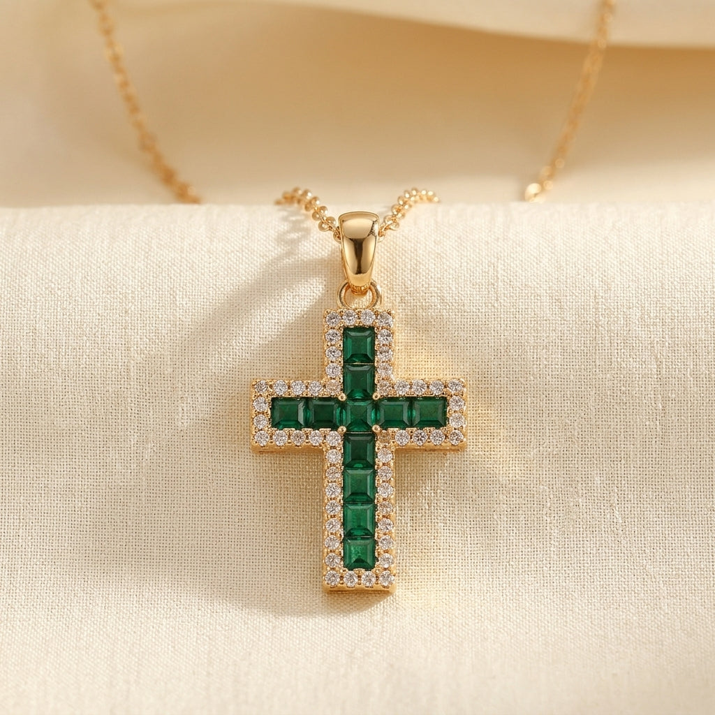 Solene Emerald Cross Pendant Necklace | Guld
