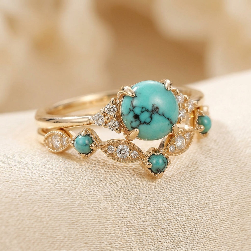 Aureva Turquoise Crown Ring Sæt | Guld