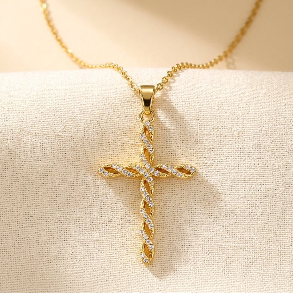 Krystal Twist Cross Necklace | Guld