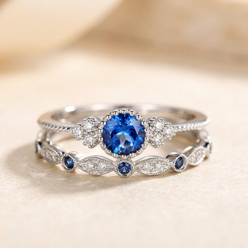 Sapphriel Krone Ring Sæt | Hvidguld
