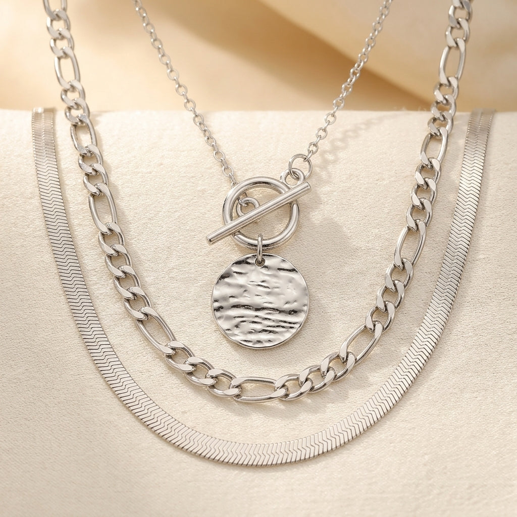 Savira Textured Coin Layered Necklace | Hvidguld