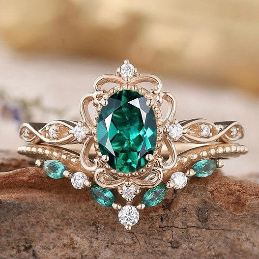 Aurelle Emerald Crown Ring Sæt | Roséguld