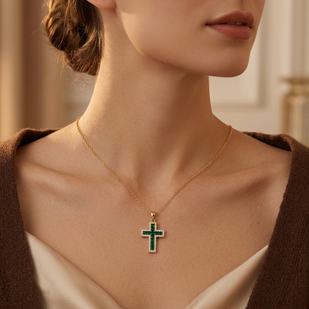 Solene Emerald Cross Pendant Necklace | Guld