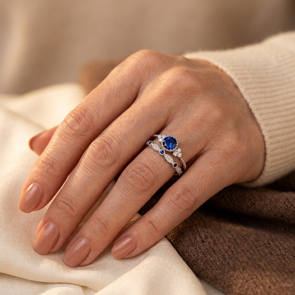 Sapphriel Krone Ring Sæt | Hvidguld