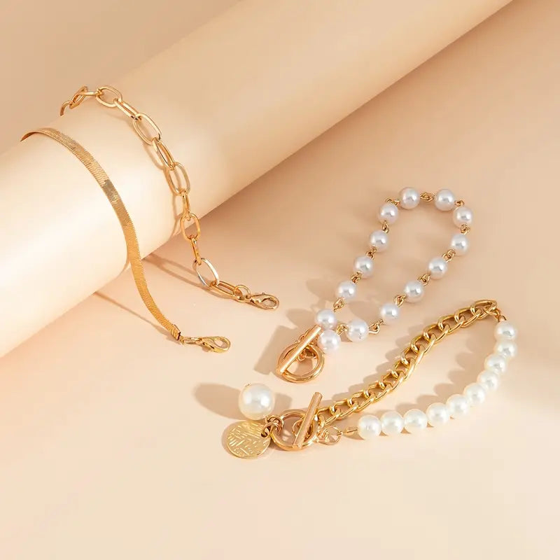 Chic Guld 4-delt Armbåndsæt - Slange, Perler & Links | Guld