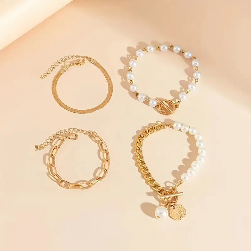 Chic Guld 4-delt Armbåndsæt - Slange, Perler & Links | Guld