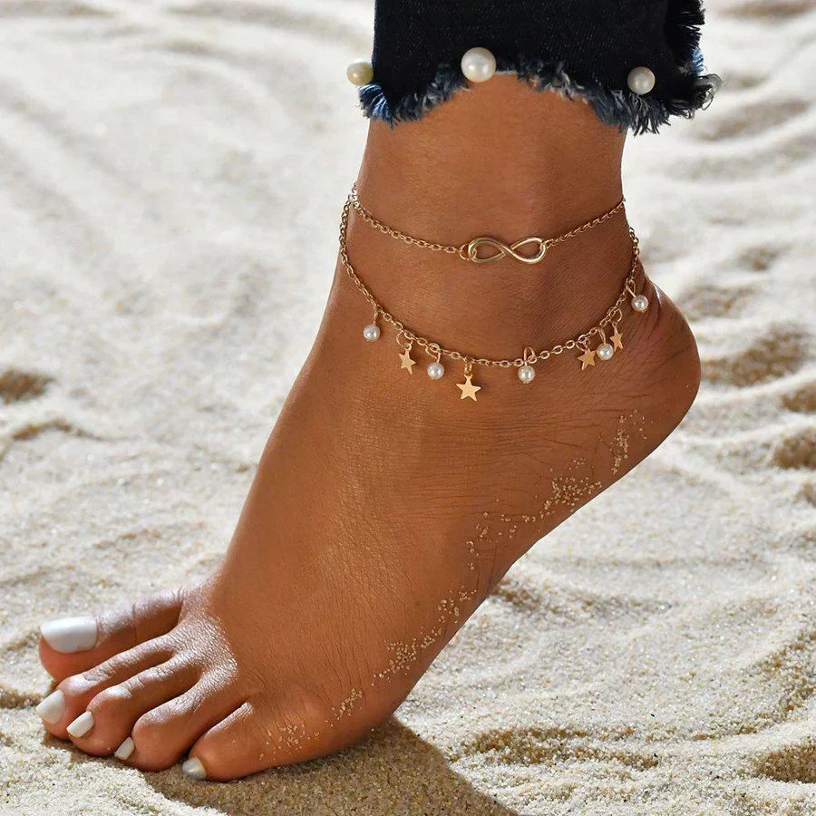 Infinity Anklet Bracelet + Perler og Stjerner | Guld